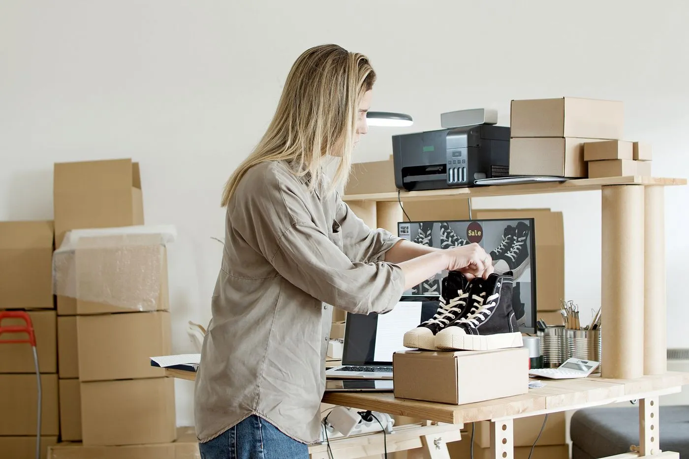 Marketplace seller packing a product order beside a product listing on a computer screen