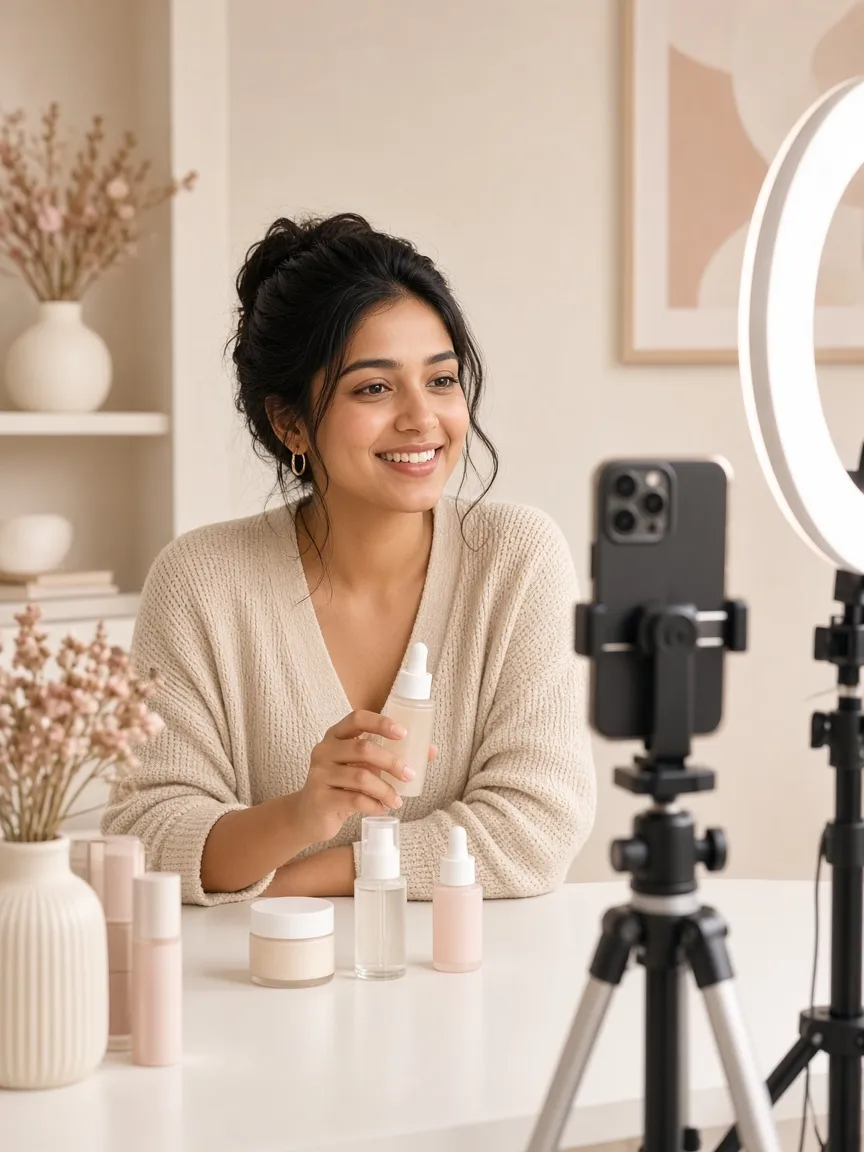Content creator filming a product video with a smartphone and ring light