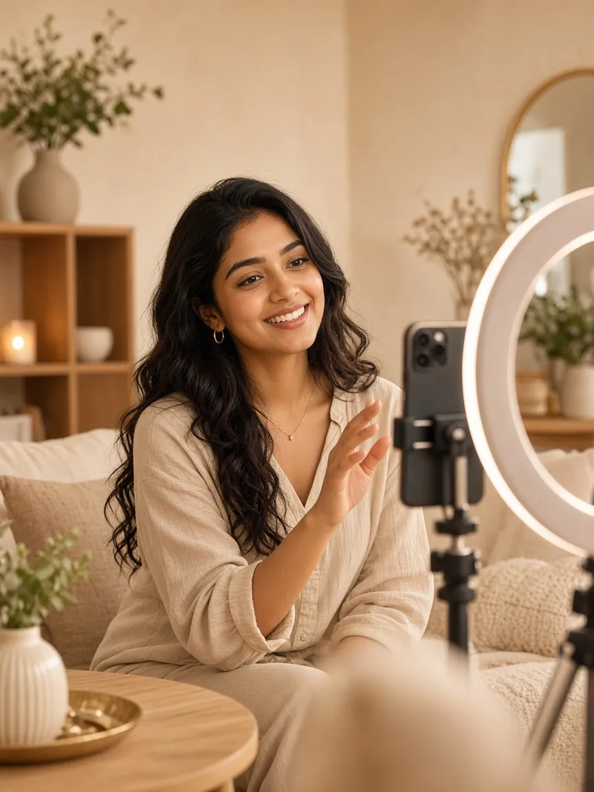 Social media creator filming short-form content with a smartphone and ring light
