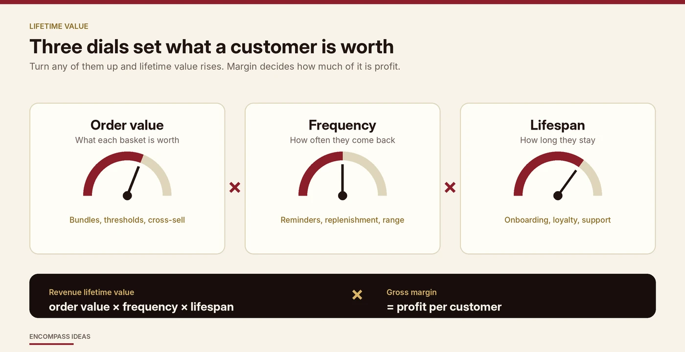 Three dials, order value, frequency and lifespan, multiplied together to give revenue lifetime value, then multiplied by gross margin for profit per customer